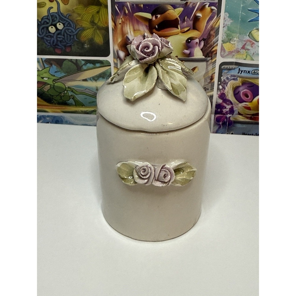 Floral Trinket Jar Italy Ceramic Rose Lid 4"